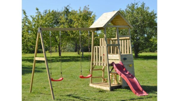 J10 Gyerektorony csúszdával, homokozóval, piknikpaddal és dupla hintával