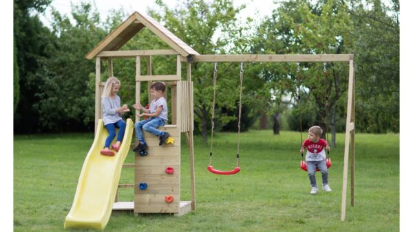 J5 Játszótorony csúszdával, homokozóval és dupla hintával