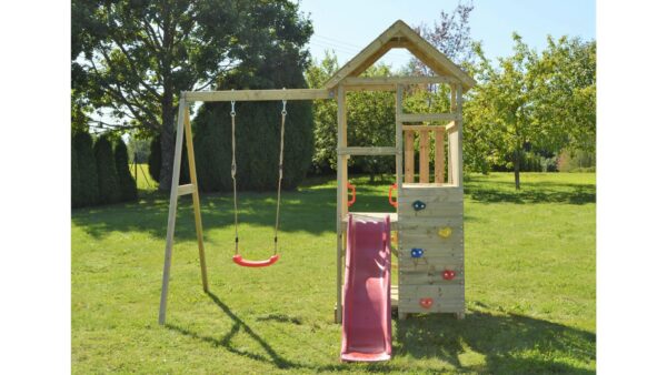 J8 Gyerektorony csúszdával, homokozóval, piknikpaddal és egy hintával