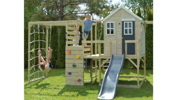 M24-GK Ház emelvénnyel, csúszdával és egy hintával + kiegészítés edzőteremhez és konyhához