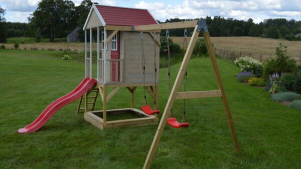 M30R-G Ház emelvénnyel, csúszdával és dupla hintával + edzőterem rögzítéssel